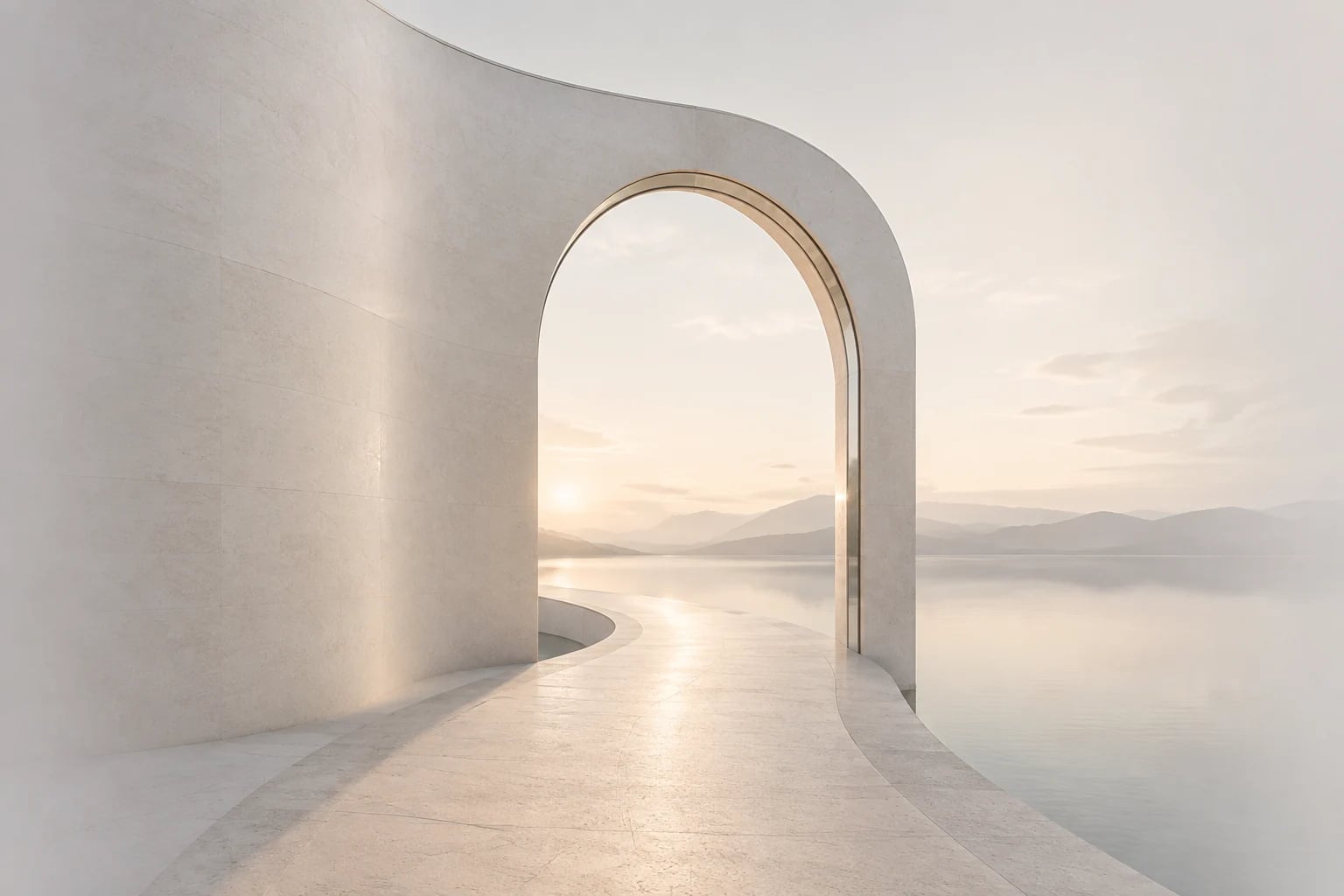 An open limestone arch and a gently curving path leading toward a sunlit lake.