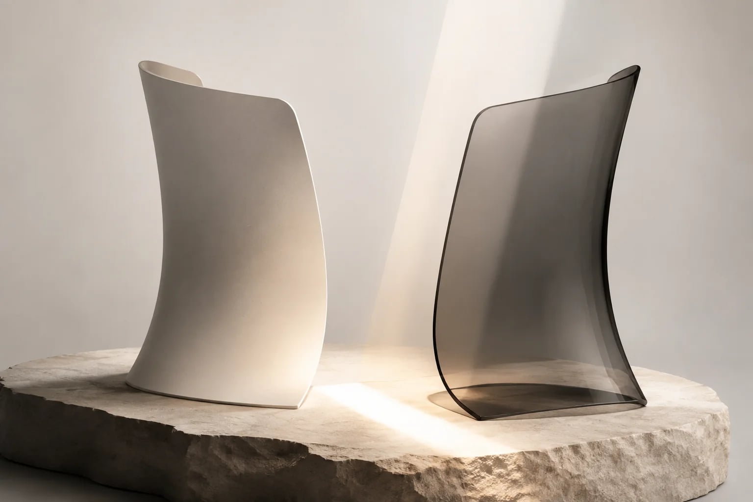 Two sculptural pages, one porcelain and one smoky glass, facing a shared ribbon of light.