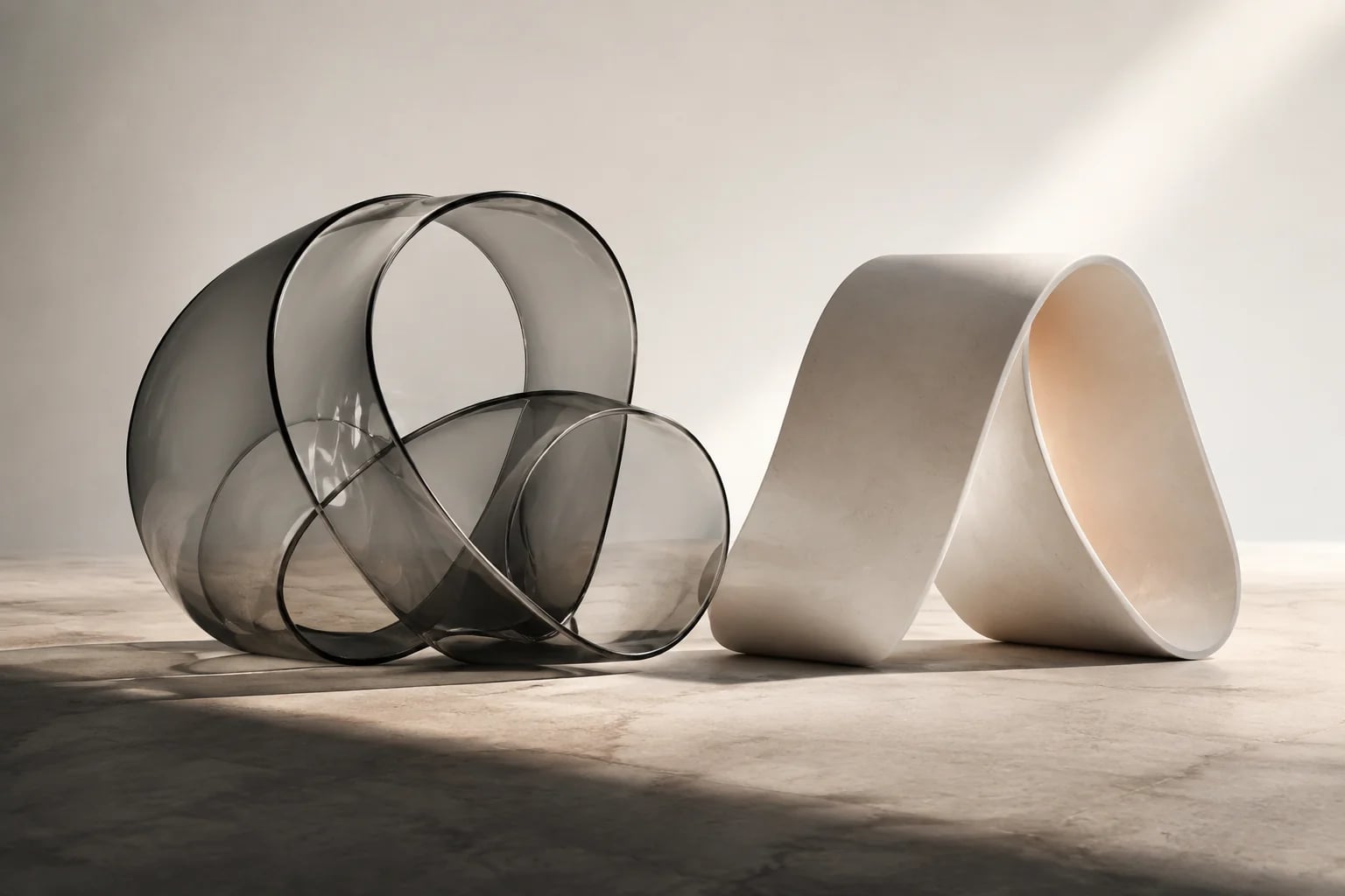 A layered smoky-glass loop and a single porcelain ribbon standing side by side on pale stone.