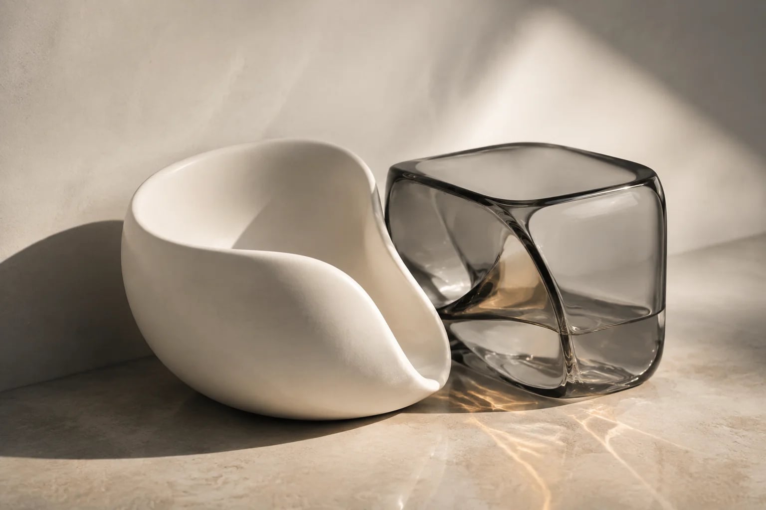 A curved porcelain shell and a folded glass cube meeting on a sunlit limestone surface.
