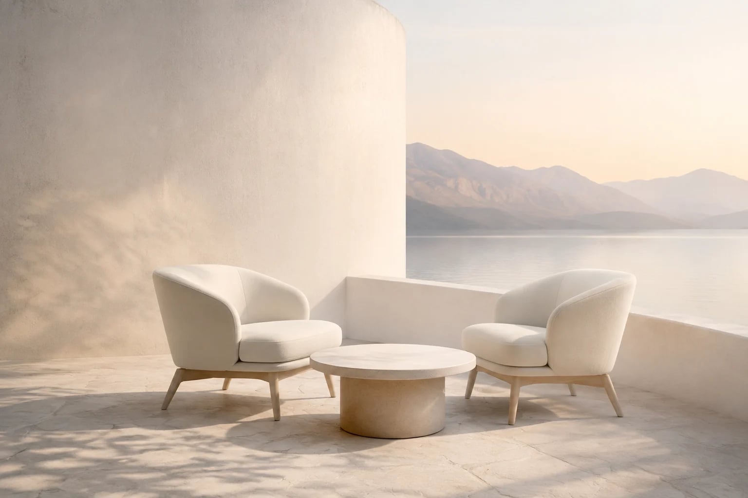 Two ivory chairs facing one another across a stone table beside a quiet lake.