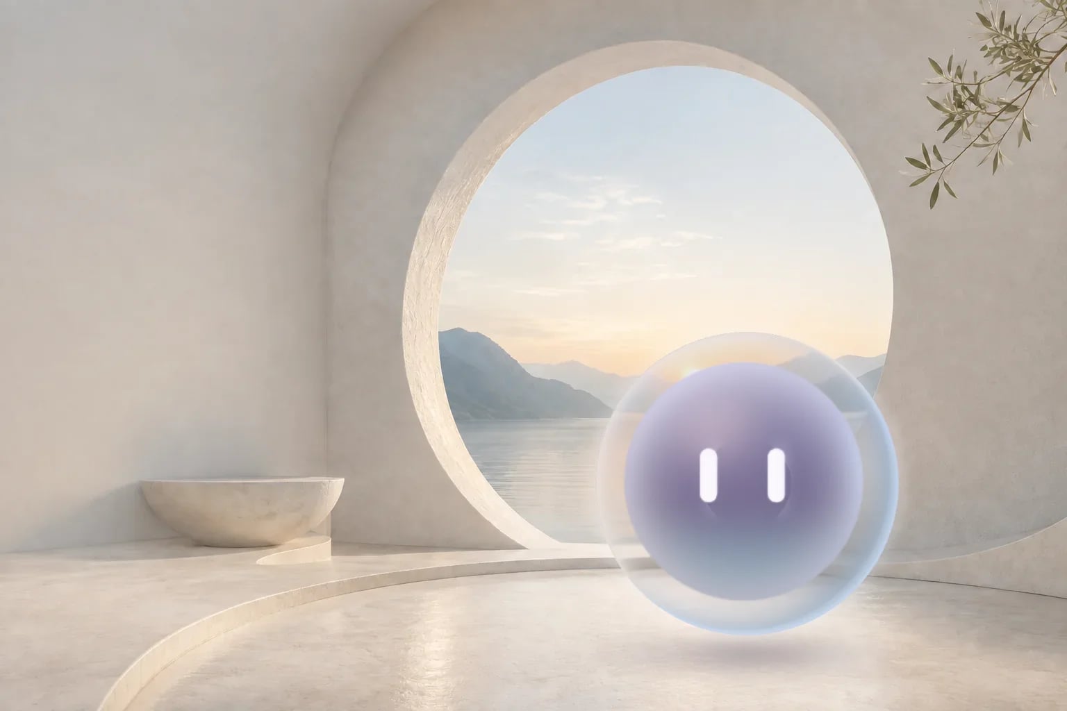 A friendly pearl-glass assistant with two glowing eyes in a sunlit circular doorway.
