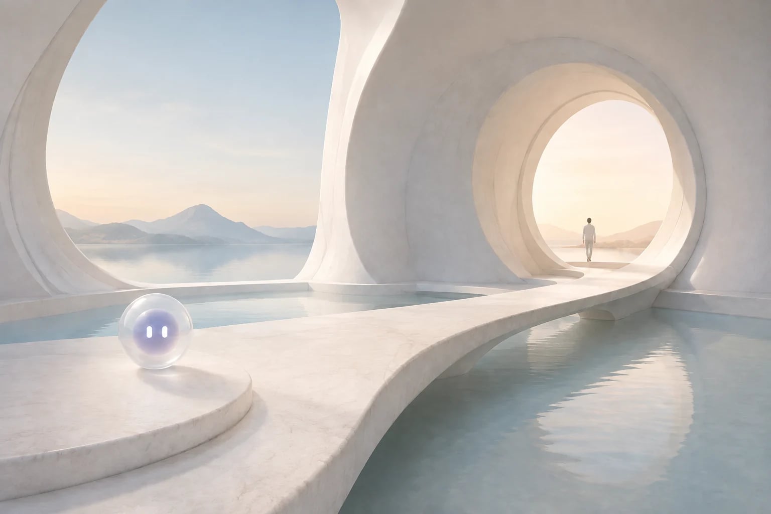 Sairo’s glass assistant beside a curved stone bridge, with a small distant person in the sunlit archway.