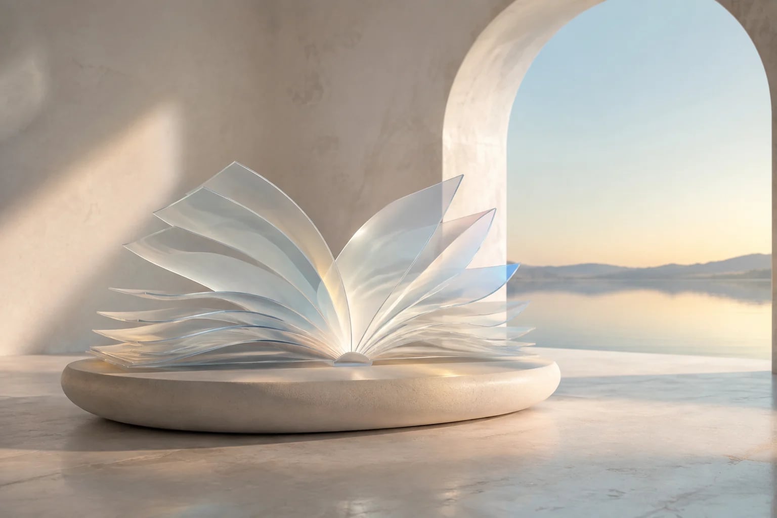 An open book sculpted from pearl glass in a sunlit architectural library.