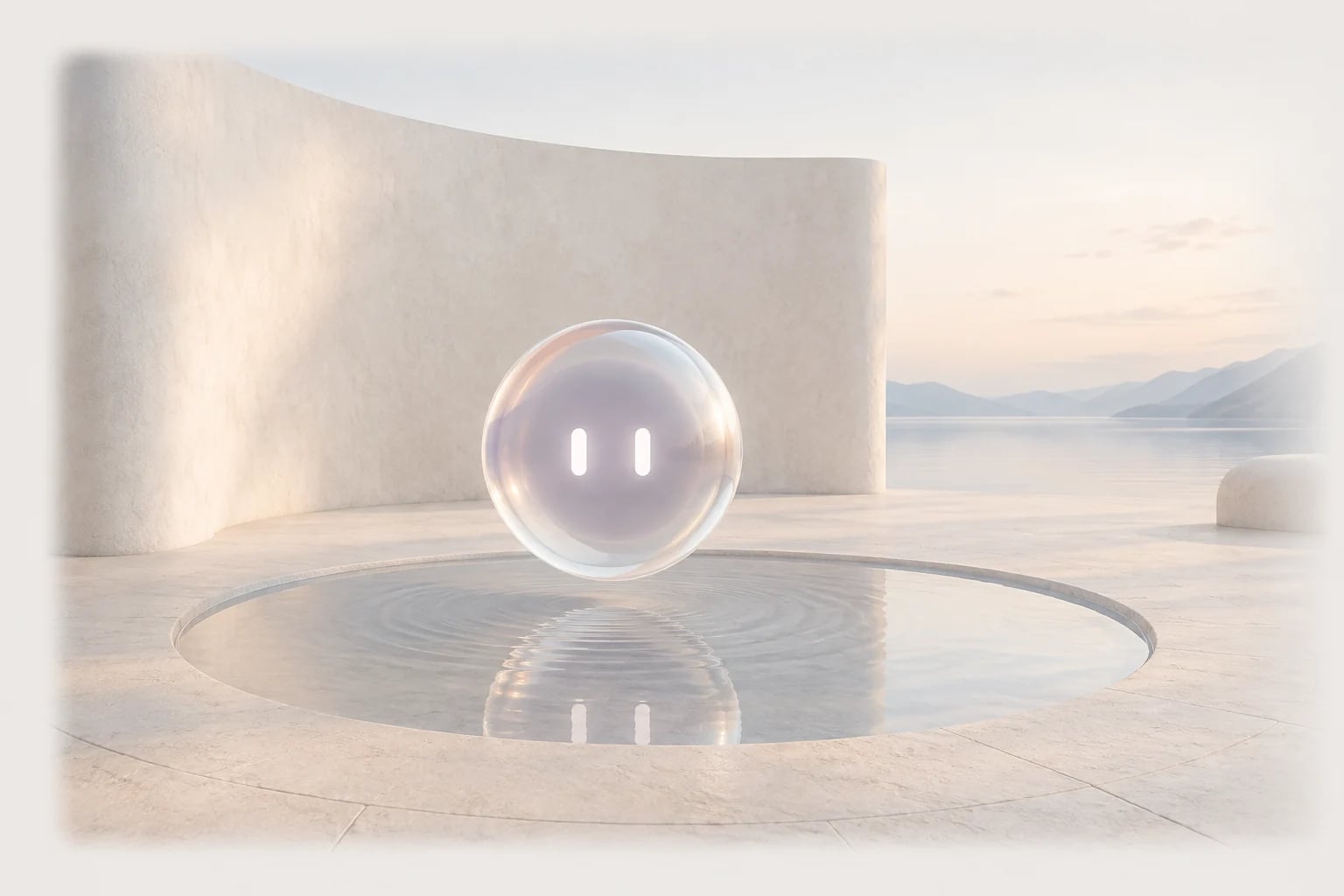 Sairo’s pearl-glass assistant floating above a quiet reflecting pool in a softly lit stone terrace.