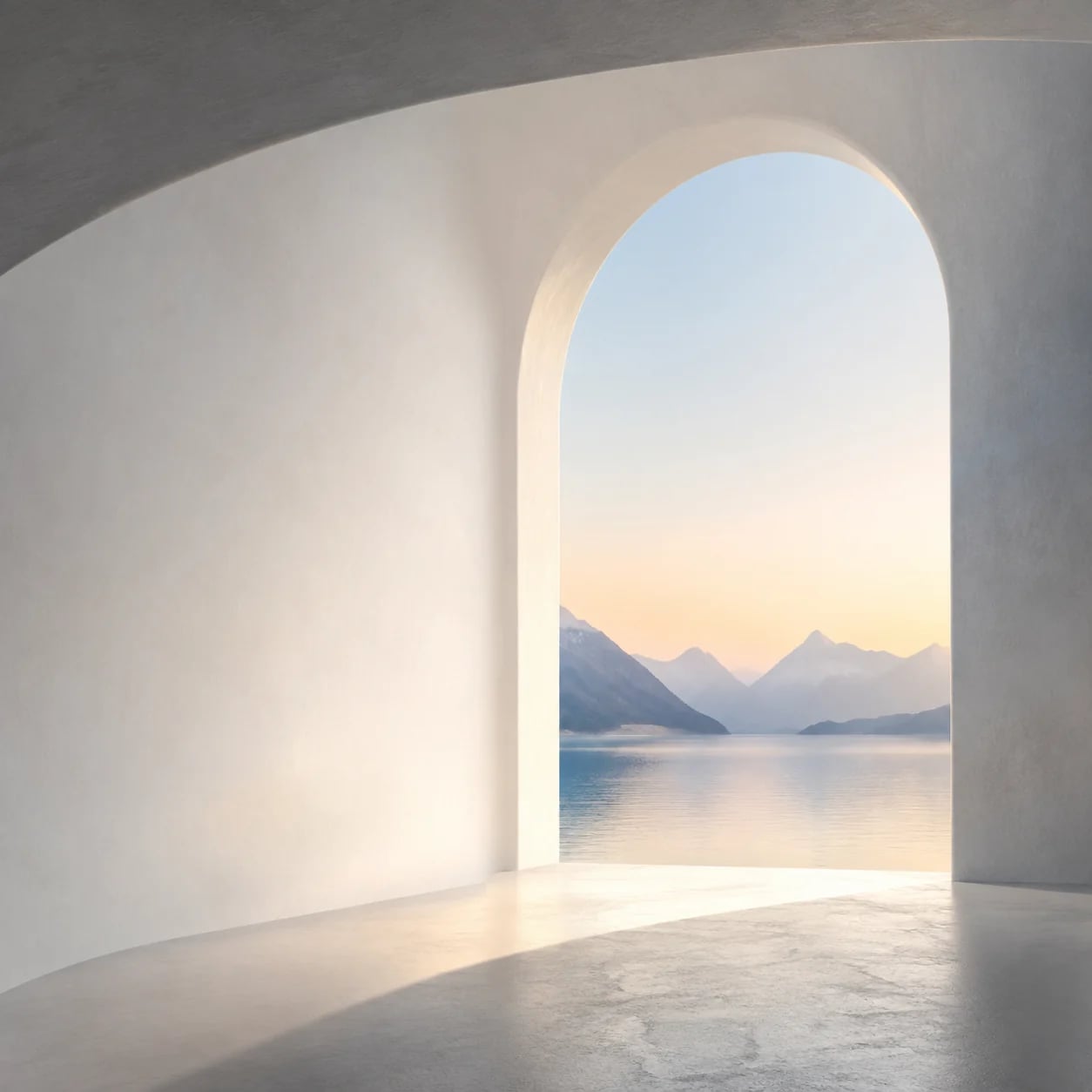 An open archway in a softly curved room, leading to still water and a sunlit horizon.