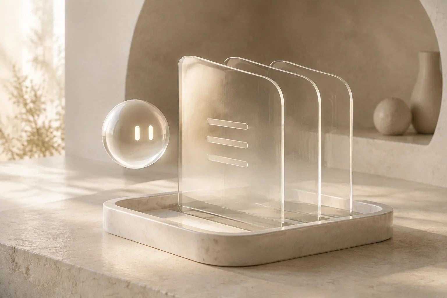 A pearl-glass assistant beside three carefully arranged glass pages in a limestone tray.