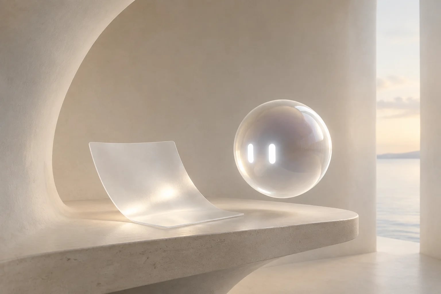 A pearl-glass Sairo assistant beside a translucent glass page in a softly lit limestone alcove.