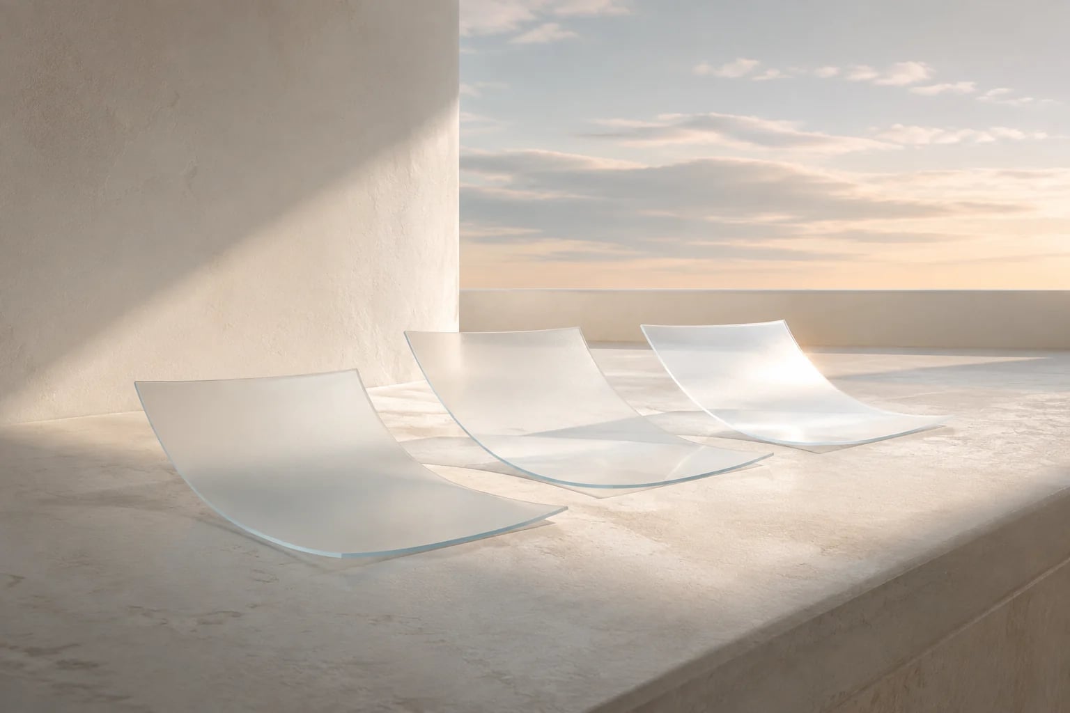 Three gently curved glass pages catching progressively clearer light on a pale stone surface.