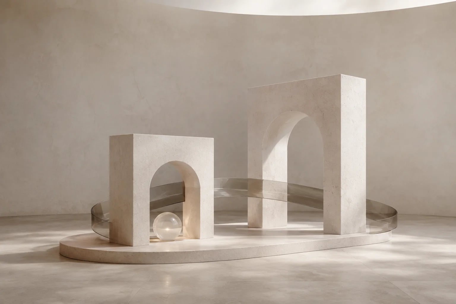 Two ivory stone portals joined by a continuous glass ribbon on a shared platform.